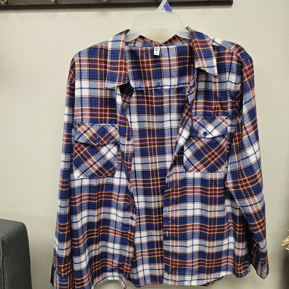 Casual Plaid Button Down Shirt - Blue and Red